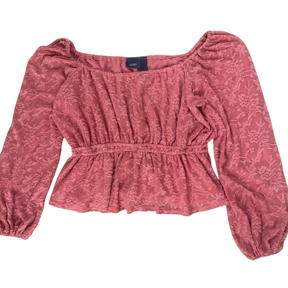 Daytrip Dusty Rose Lace Peasant Blouse Sz L off shoulder peplum boho western
